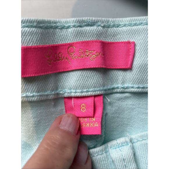 Lilly Pulitzer South Ocean High-Rise Skinny Jeans aqua blue sz 8 raw hem LOGO - Picture 10 of 12